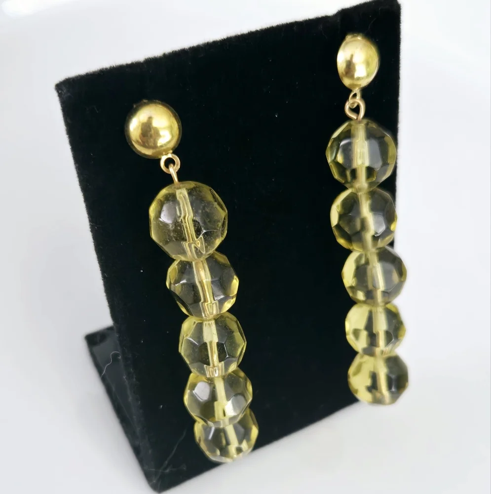 Gold Citrine Beaded Dangle Earrings Lemon Yellow